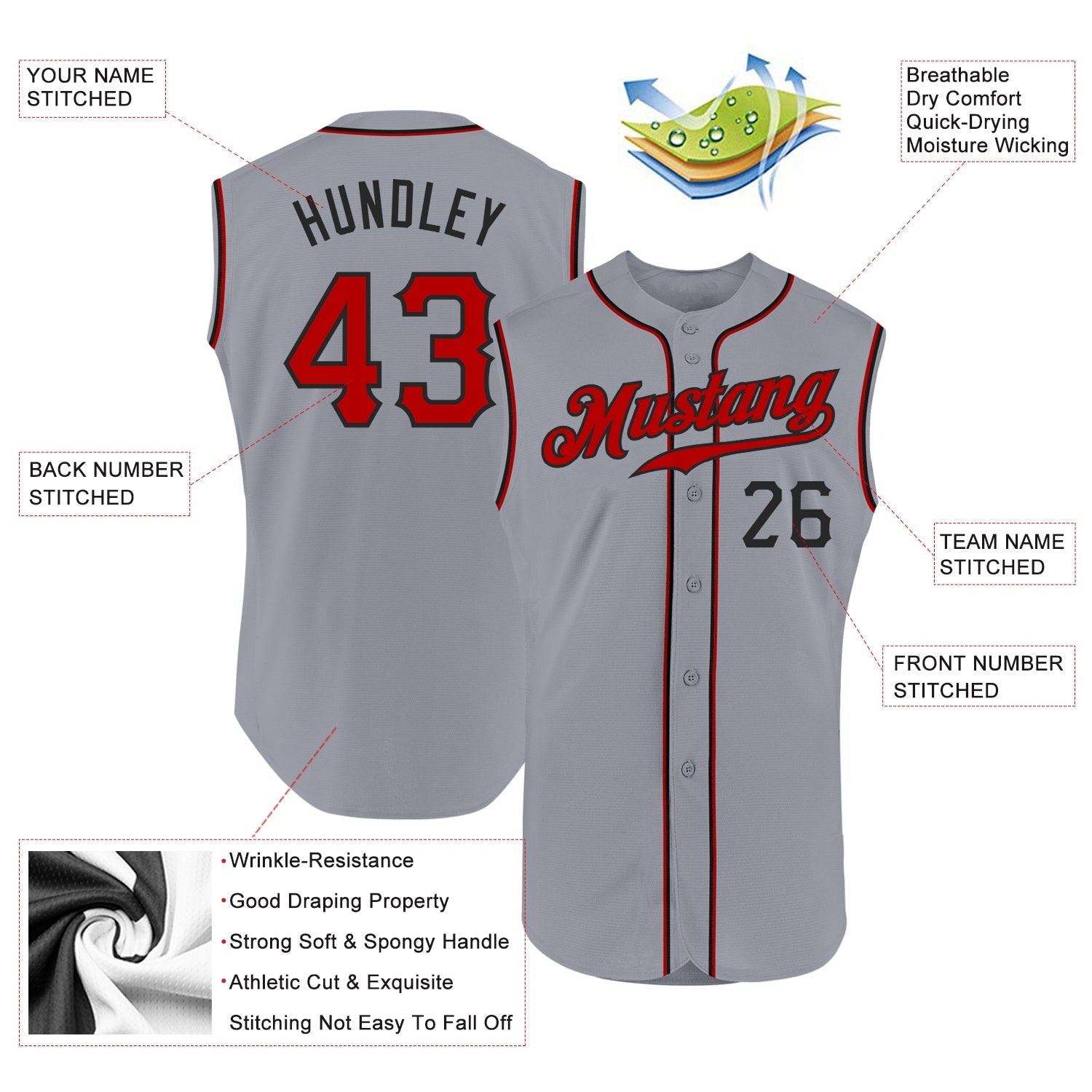 Custom Gray Red-Black Authentic Sleeveless Baseball Jersey view 2