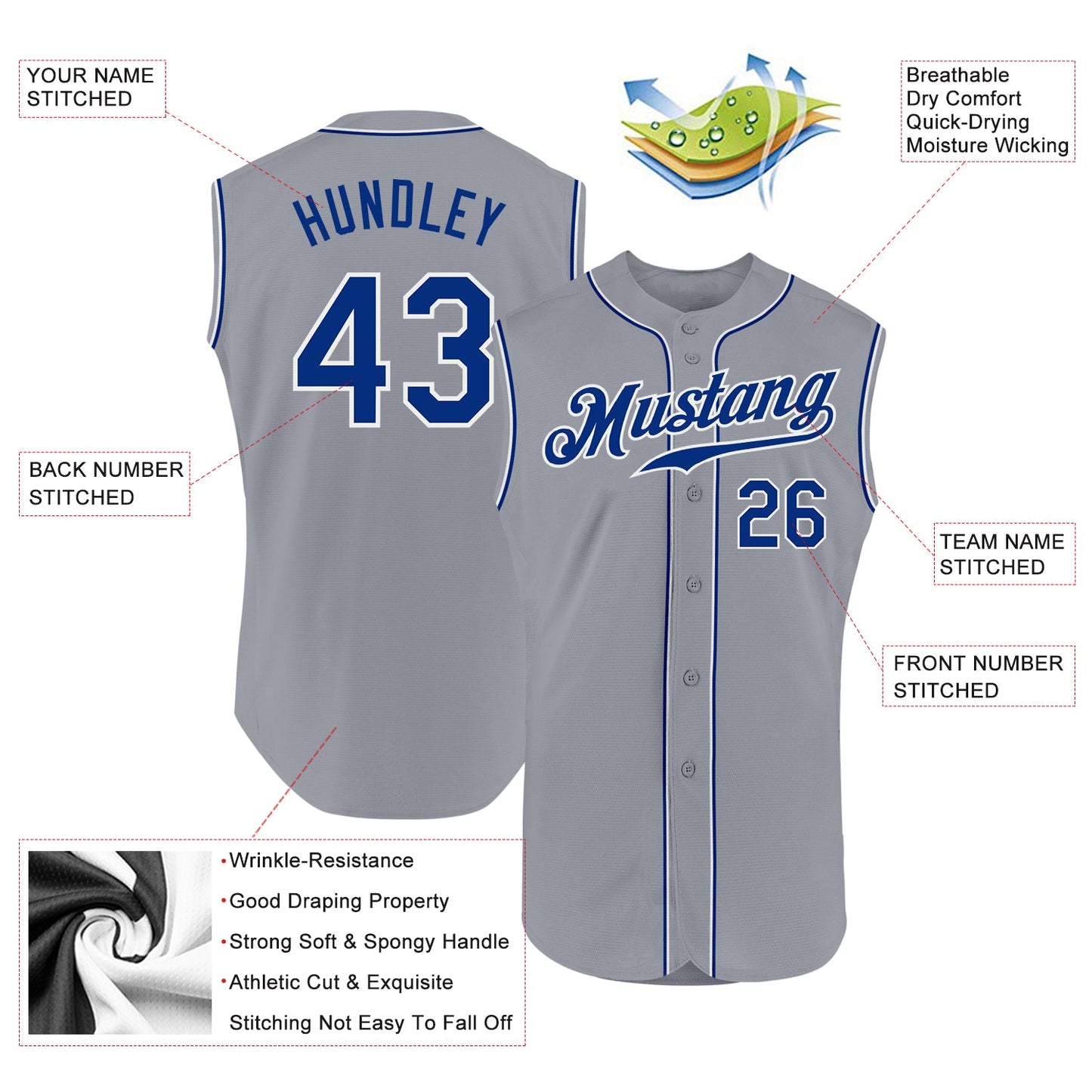 Custom Gray Royal-White Authentic Sleeveless Baseball Jersey view 2