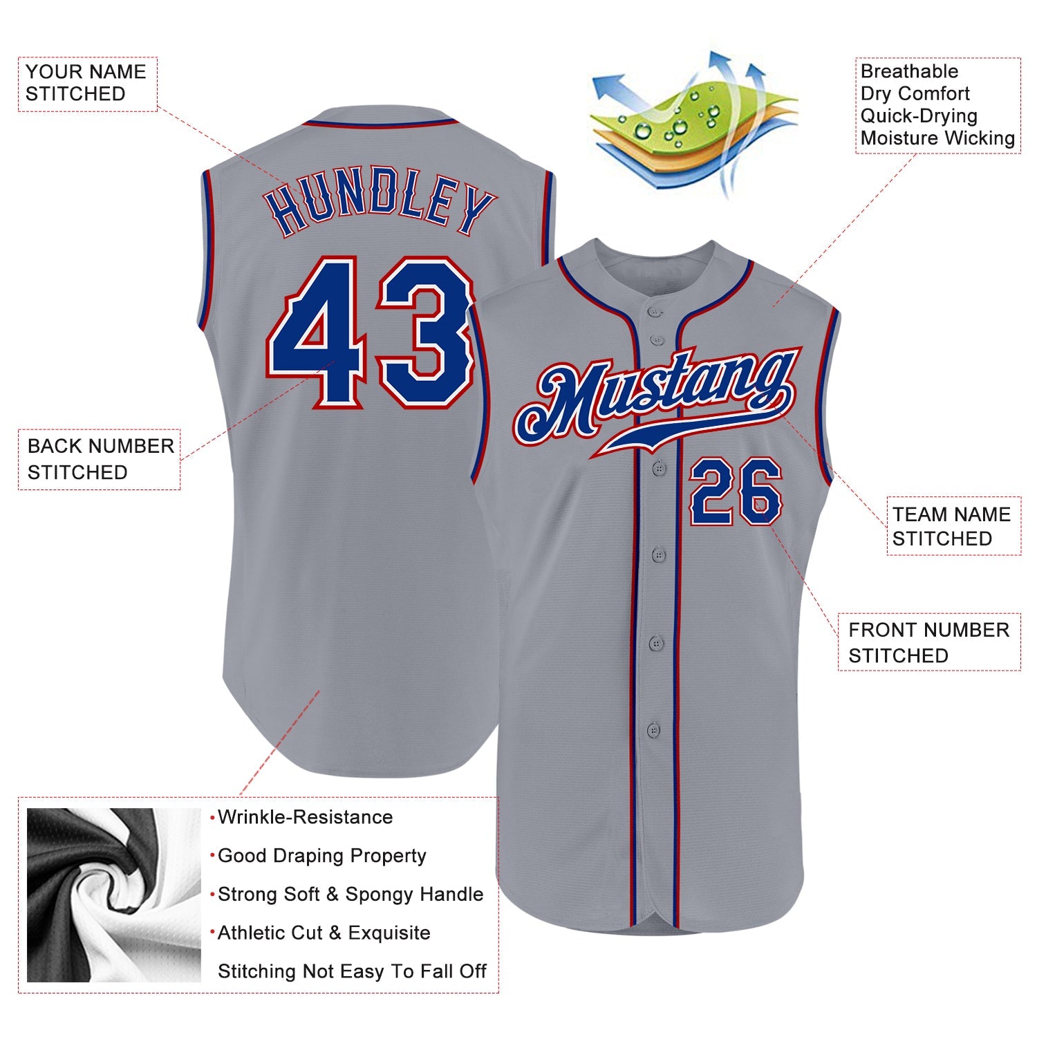 Custom Gray Royal-Red Authentic Sleeveless Baseball Jersey view 2