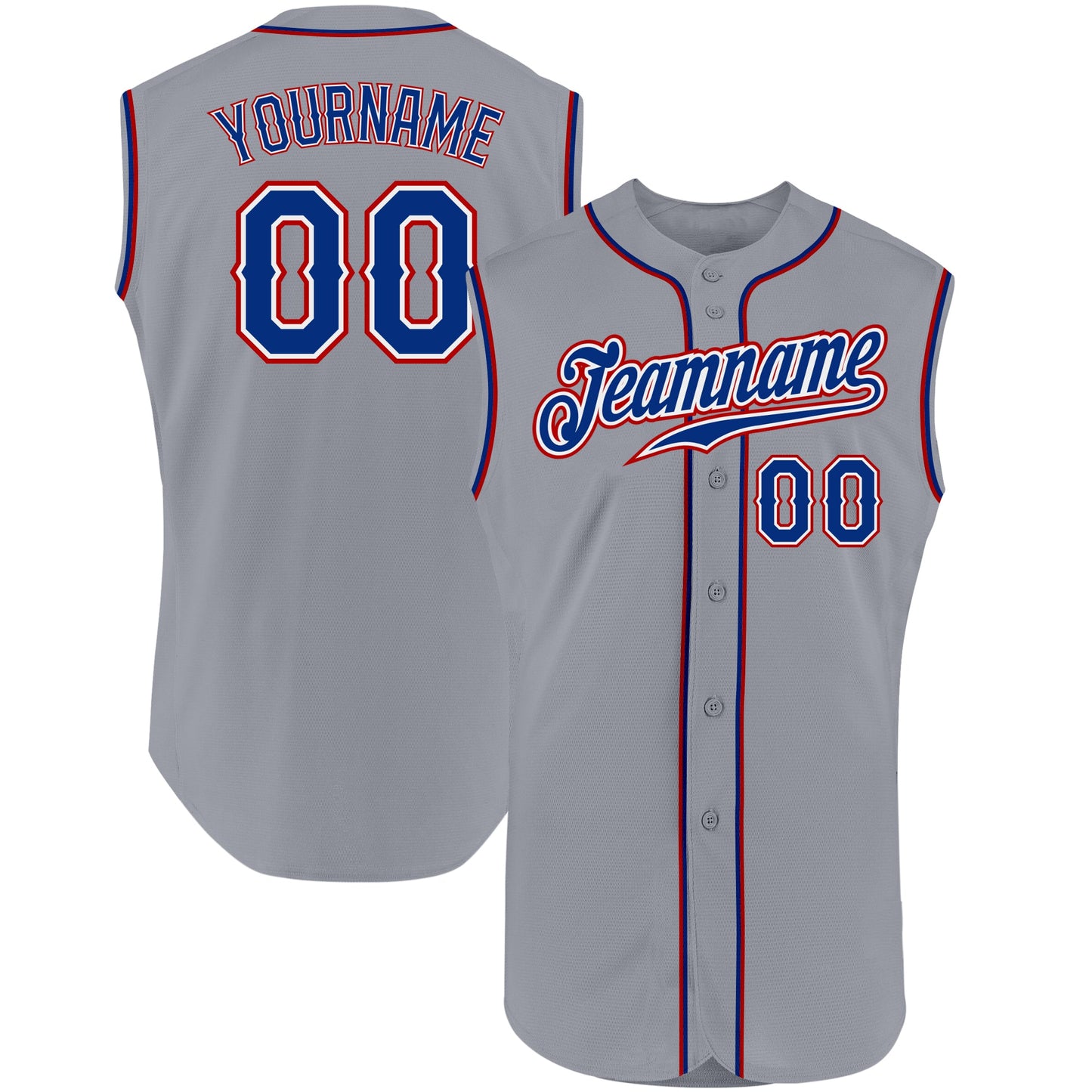 Custom Gray Royal-Red Authentic Sleeveless Baseball Jersey - Main View