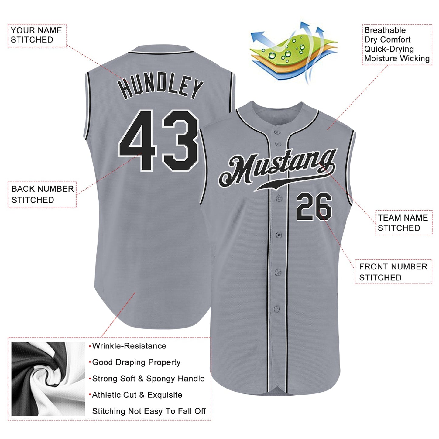 Custom Gray Black-White Authentic Sleeveless Baseball Jersey view 2