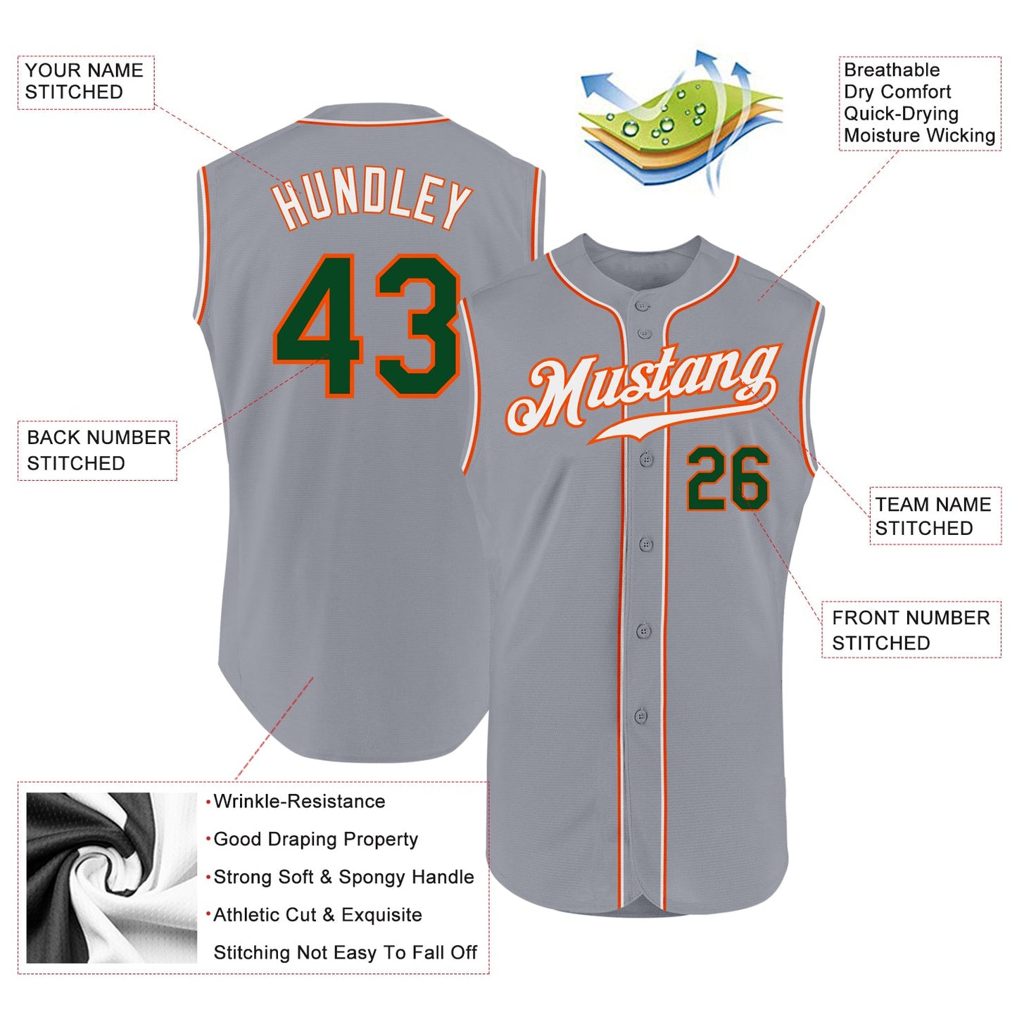 Custom Gray Green-Orange Authentic Sleeveless Baseball Jersey view 2