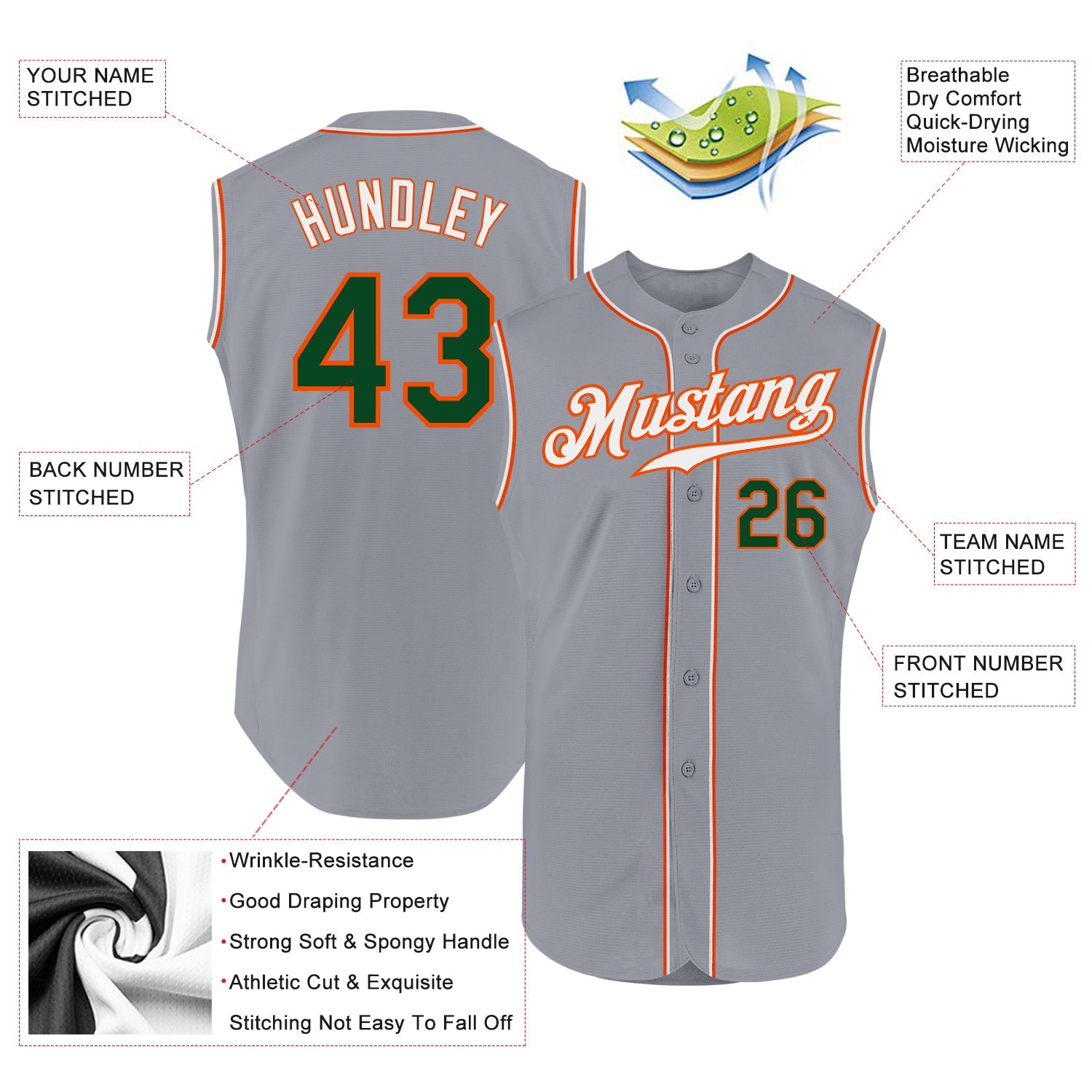 Custom Gray Green-Orange Authentic Sleeveless Baseball Jersey view 2