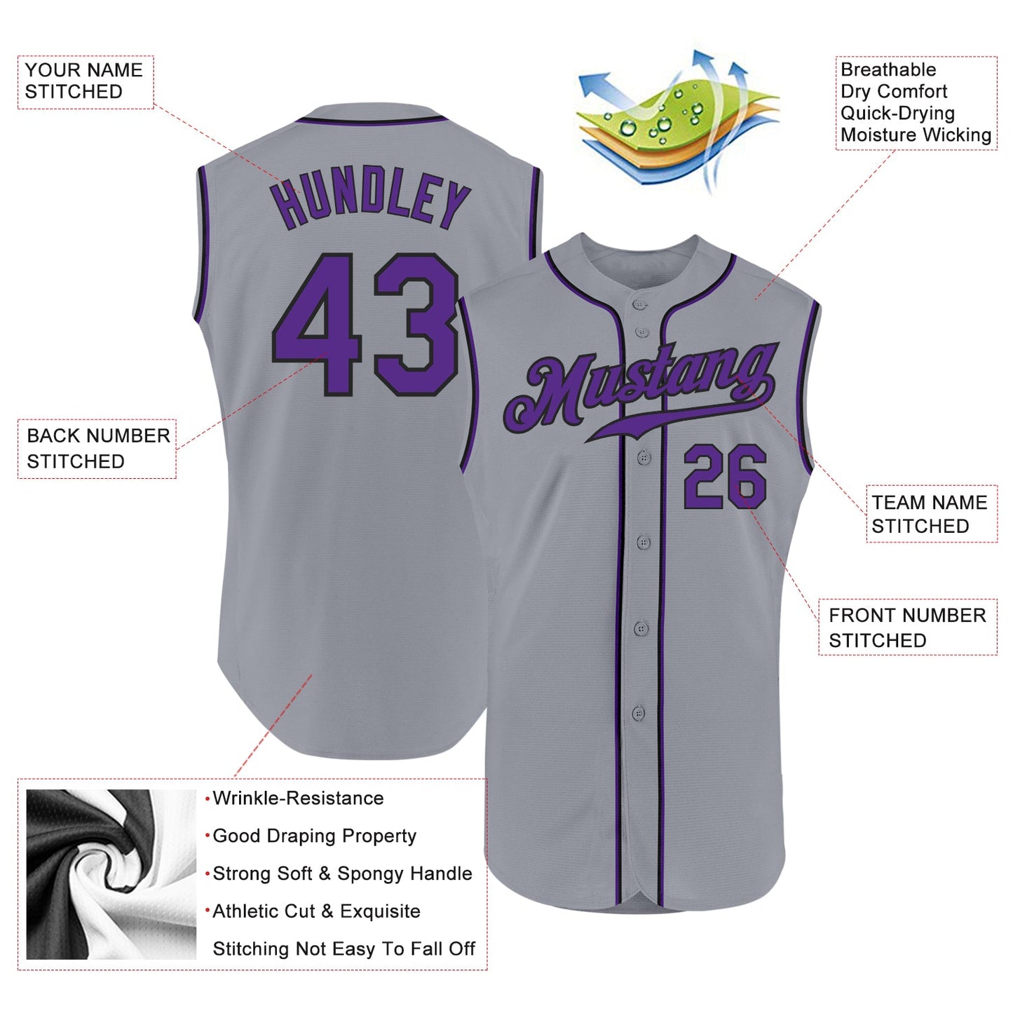 Custom Gray Purple-Black Authentic Sleeveless Baseball Jersey view 2