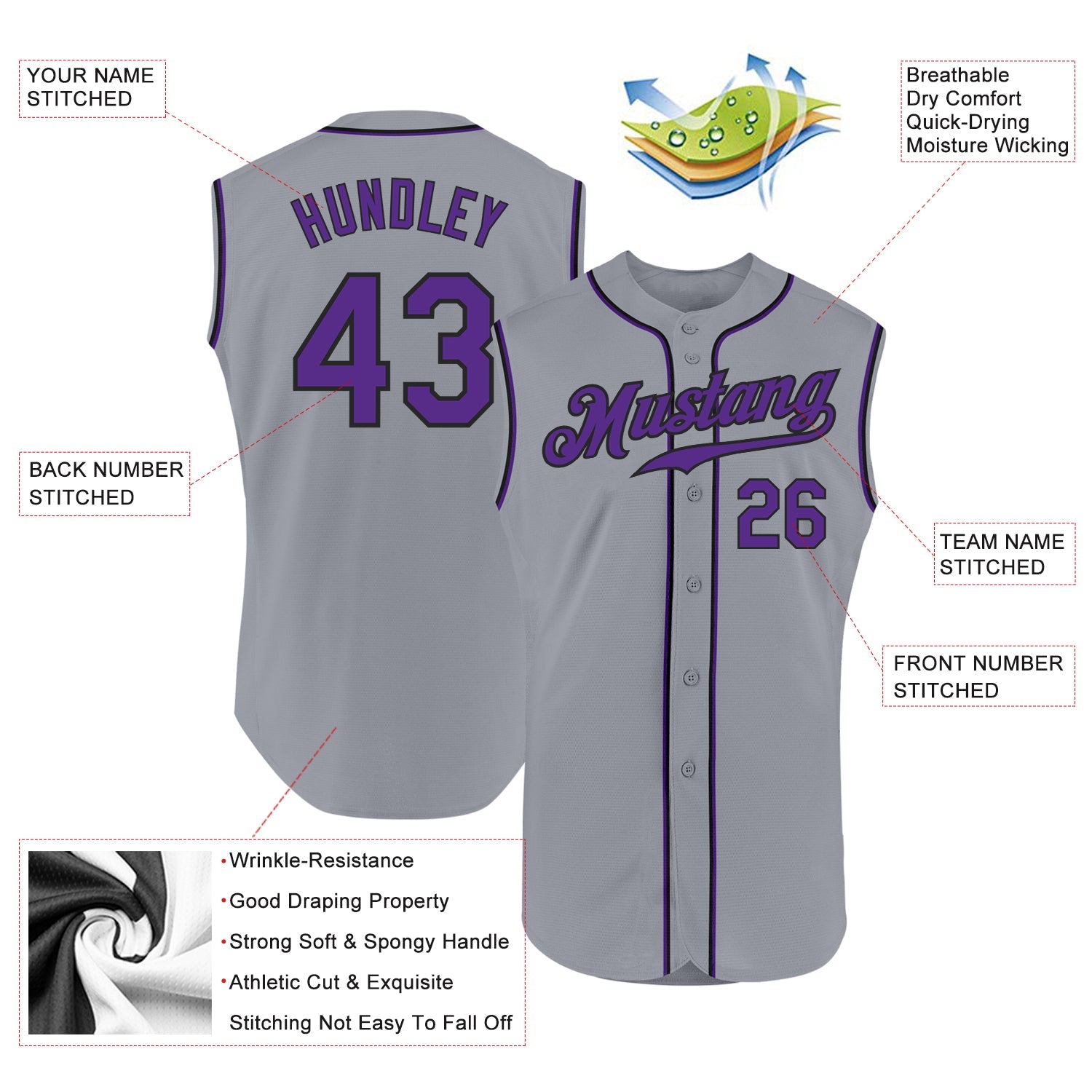Custom Gray Purple-Black Authentic Sleeveless Baseball Jersey view 2