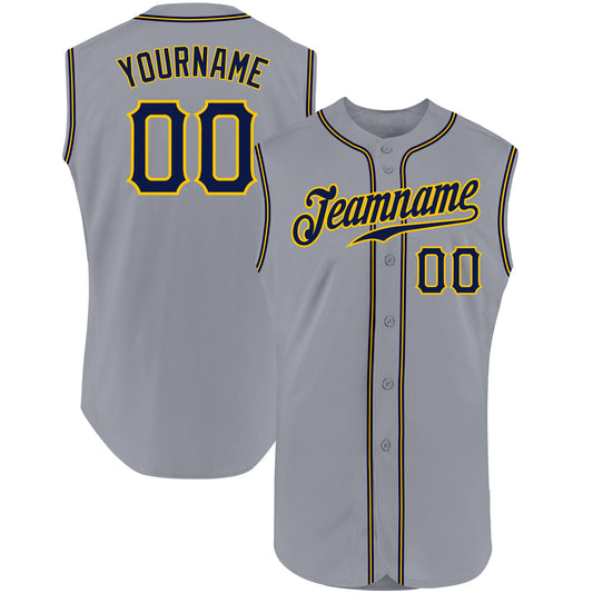 Custom Gray Navy-Gold Authentic Sleeveless Baseball Jersey - Main View