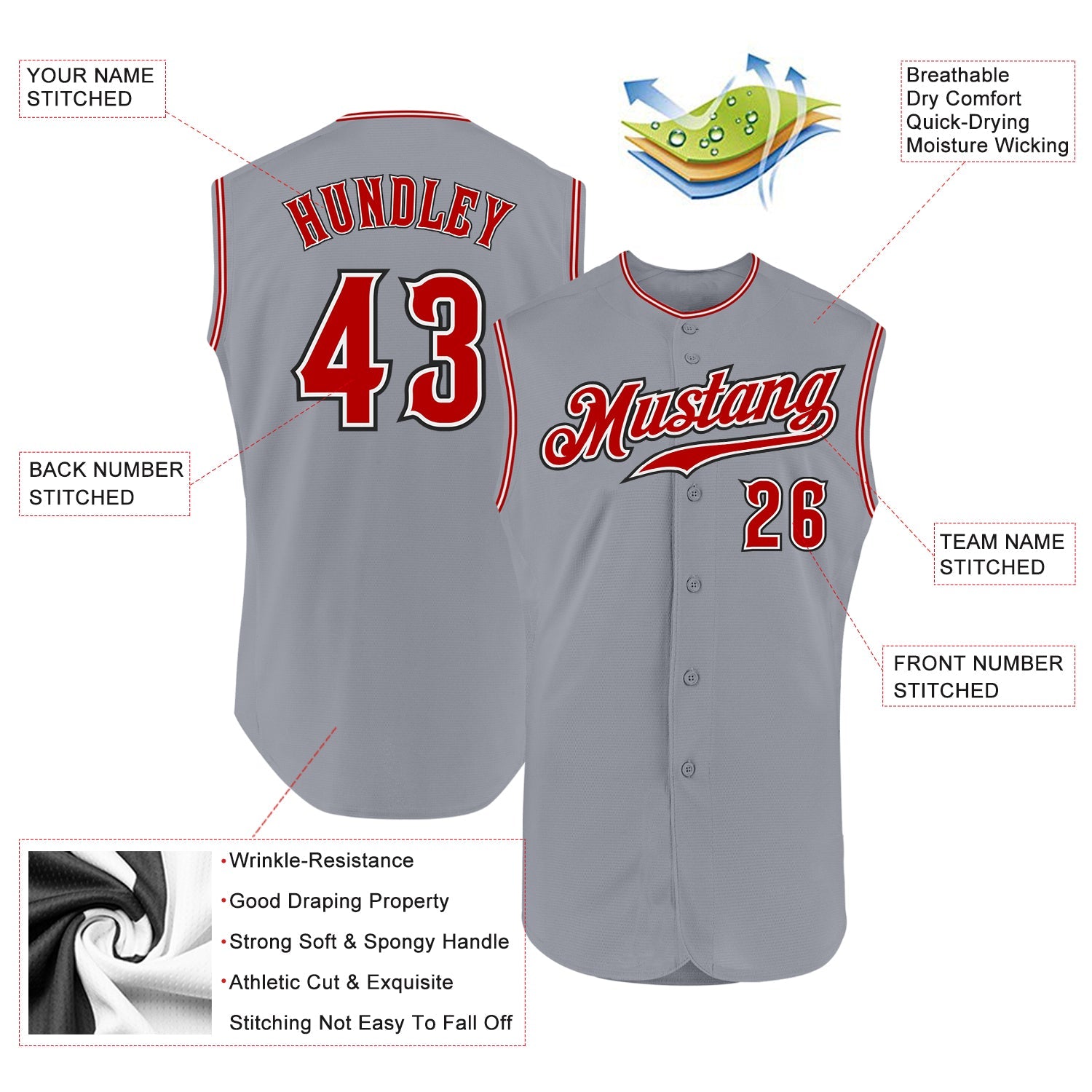 Custom Gray Red-Black Authentic Sleeveless Baseball Jersey view 2