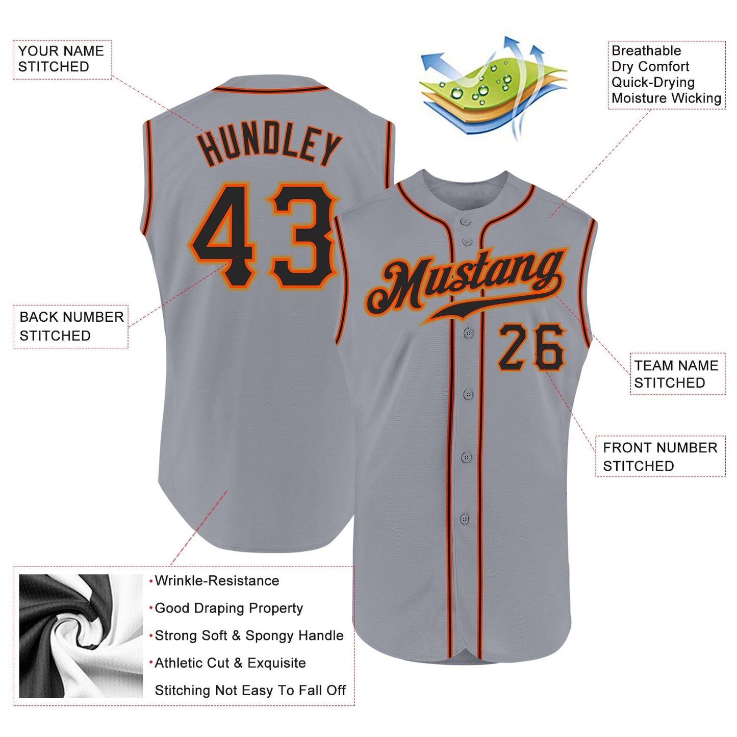 Custom Gray Black-Orange Authentic Sleeveless Baseball Jersey view 2