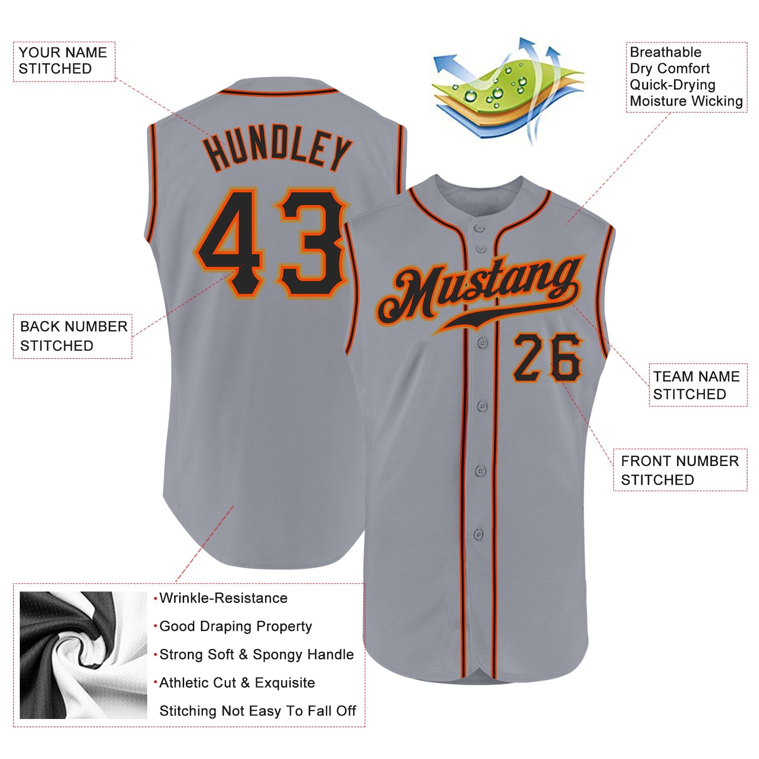 Custom Gray Black-Orange Authentic Sleeveless Baseball Jersey view 2