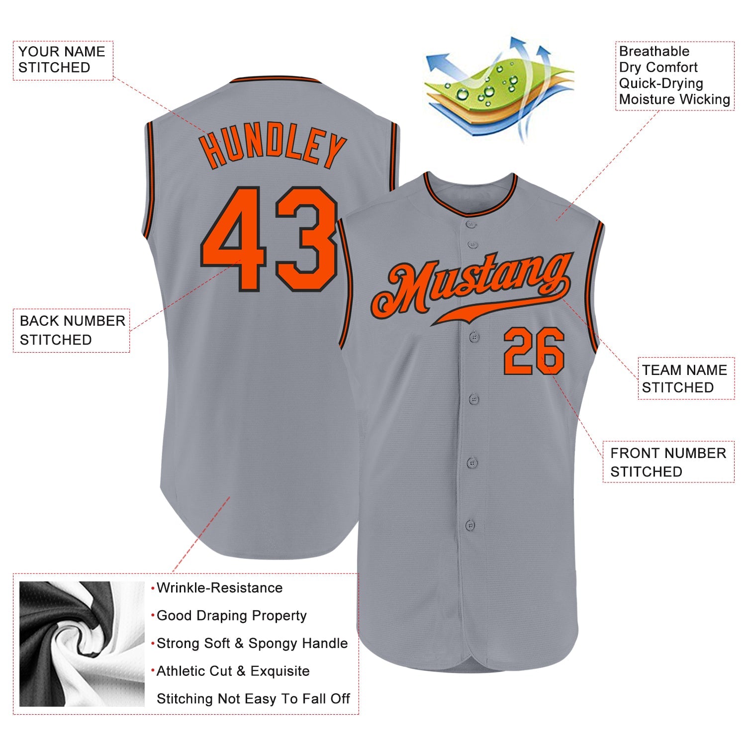 Custom Gray Orange-Black Authentic Sleeveless Baseball Jersey view 2