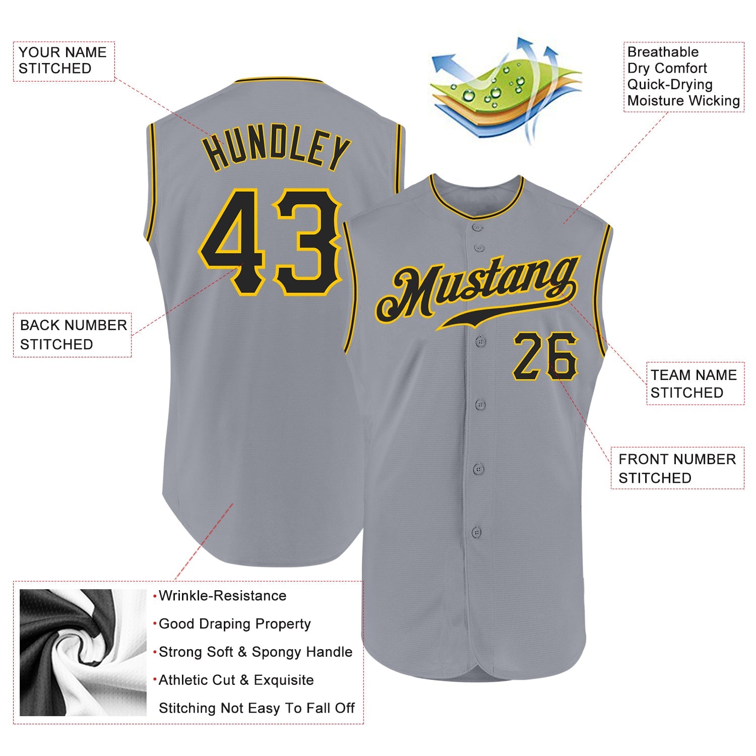 Custom Gray Black-Gold Authentic Sleeveless Baseball Jersey view 3