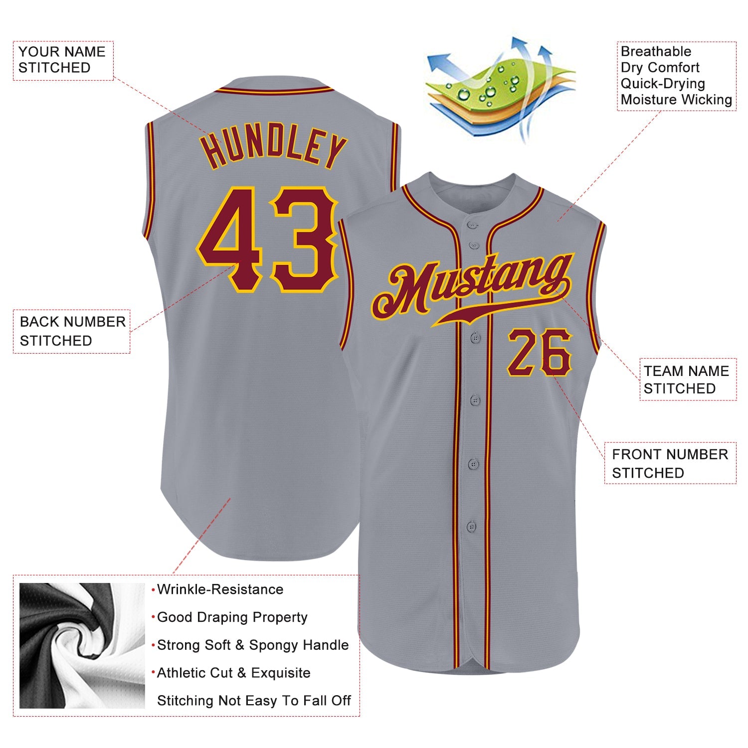 Custom Gray Crimson-Gold Authentic Sleeveless Baseball Jersey view 2
