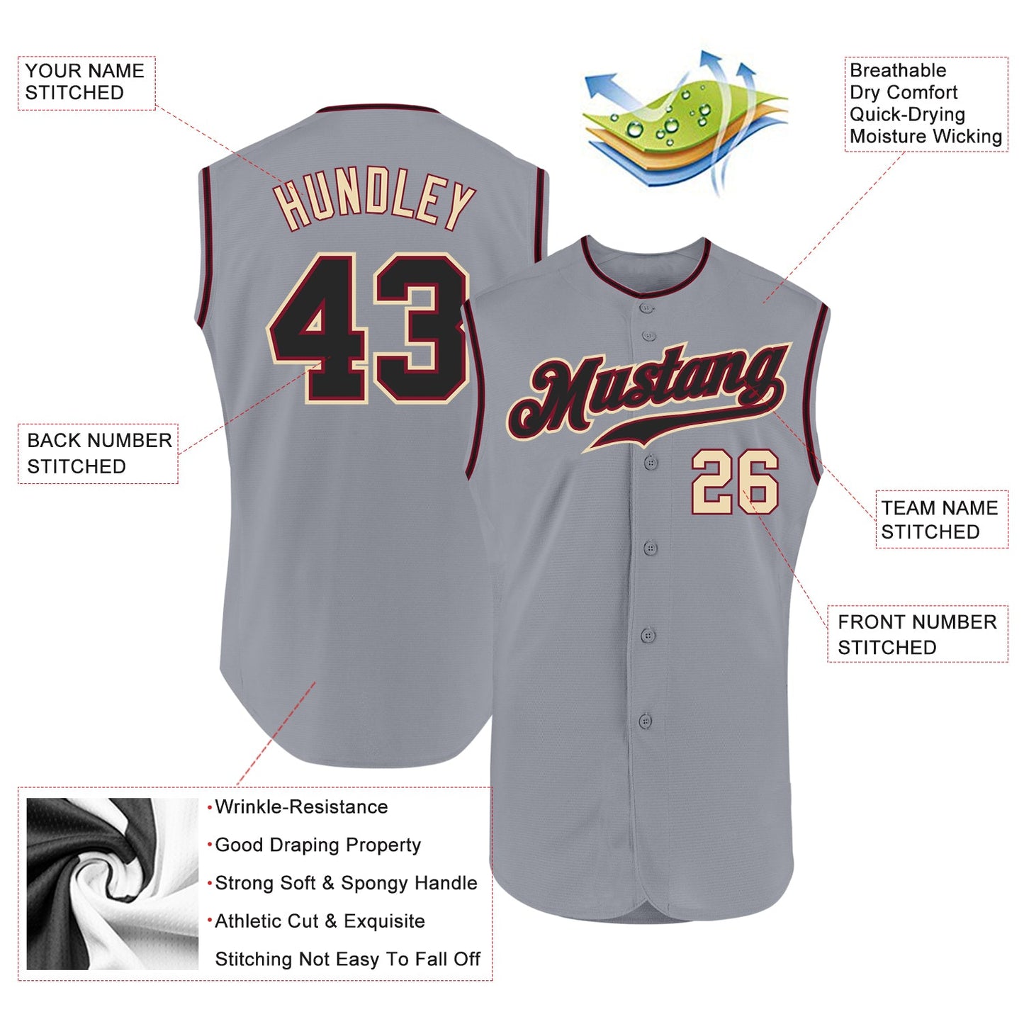 Custom Gray Black-Cream Authentic Sleeveless Baseball Jersey view 2