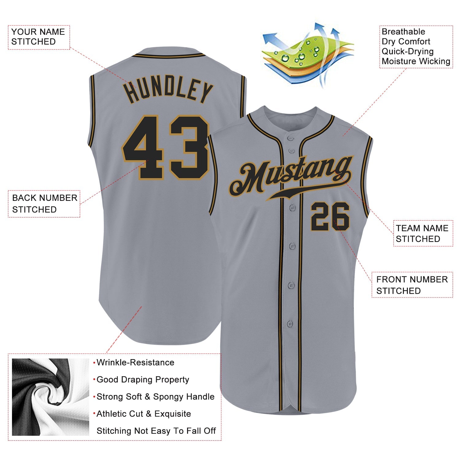 Custom Gray Black-Old Gold Authentic Sleeveless Baseball Jersey view 2