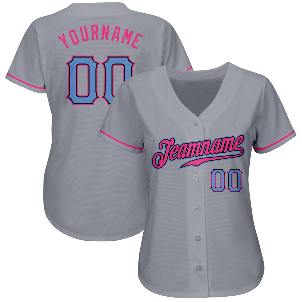 Custom Gray Light Blue-Pink Authentic Baseball Jersey view 2