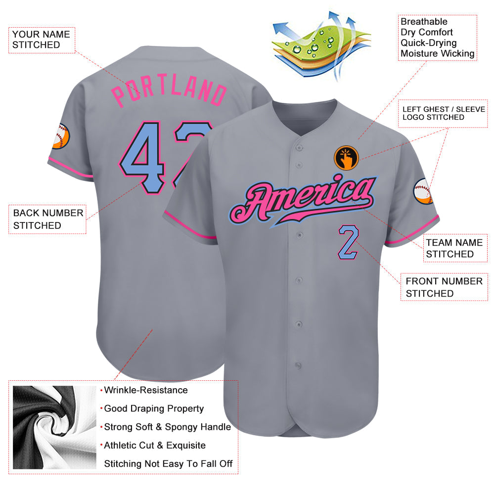 Custom Gray Light Blue-Pink Authentic Baseball Jersey view 3