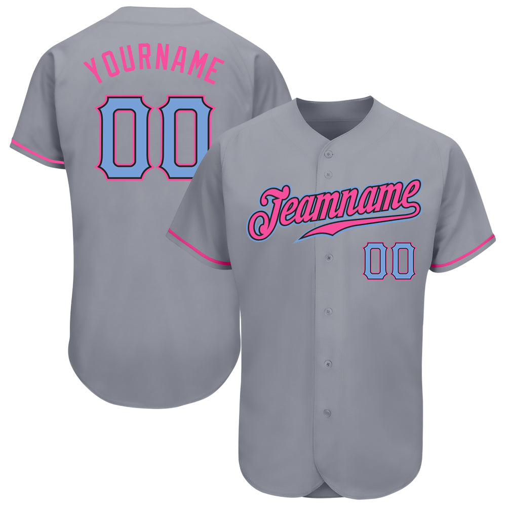 Custom Gray Light Blue-Pink Authentic Baseball Jersey - Main View