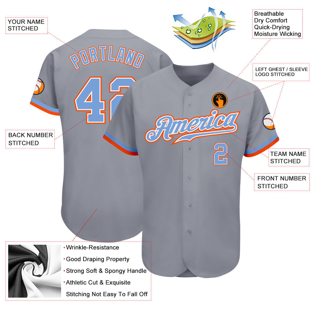 Custom Gray Powder Blue White-Orange Authentic Baseball Jersey view 3