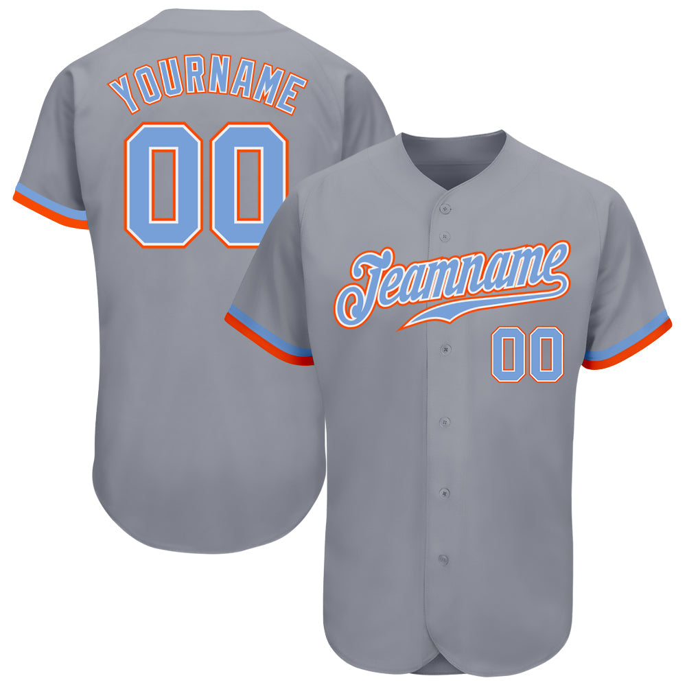 Custom Gray Powder Blue White-Orange Authentic Baseball Jersey - Main View