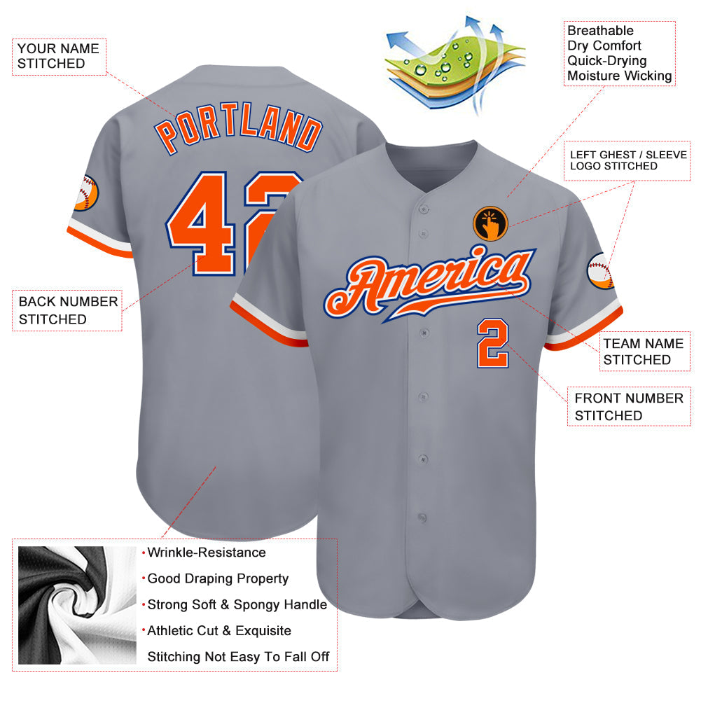 Custom Gray Orange White-Royal Authentic Baseball Jersey view 3