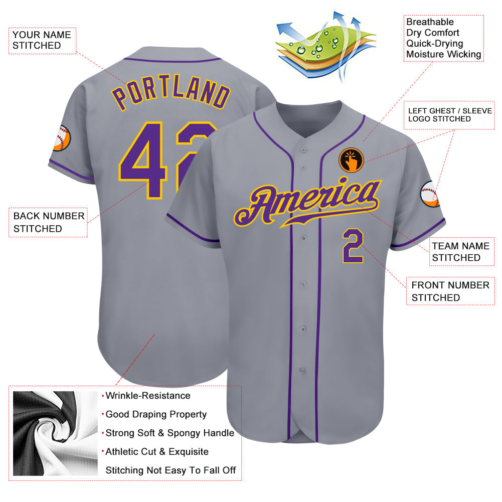 Custom Gray Purple-Gold Authentic Baseball Jersey view 3