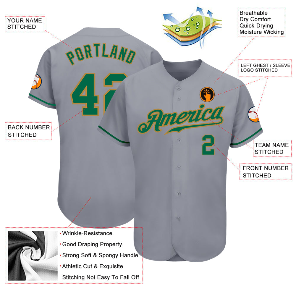 Custom Gray Kelly Green-Old Gold Authentic Baseball Jersey view 3