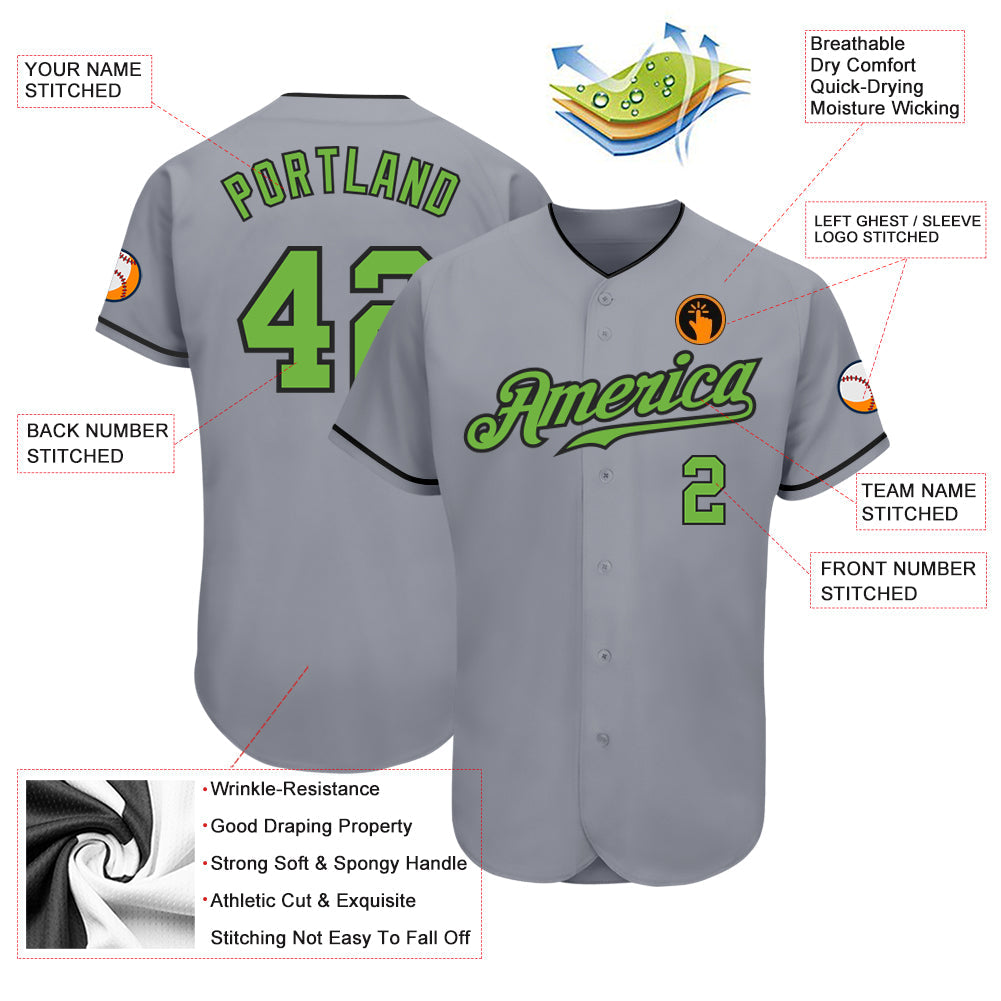 Custom Gray Neon Green-Black Authentic Baseball Jersey view 3