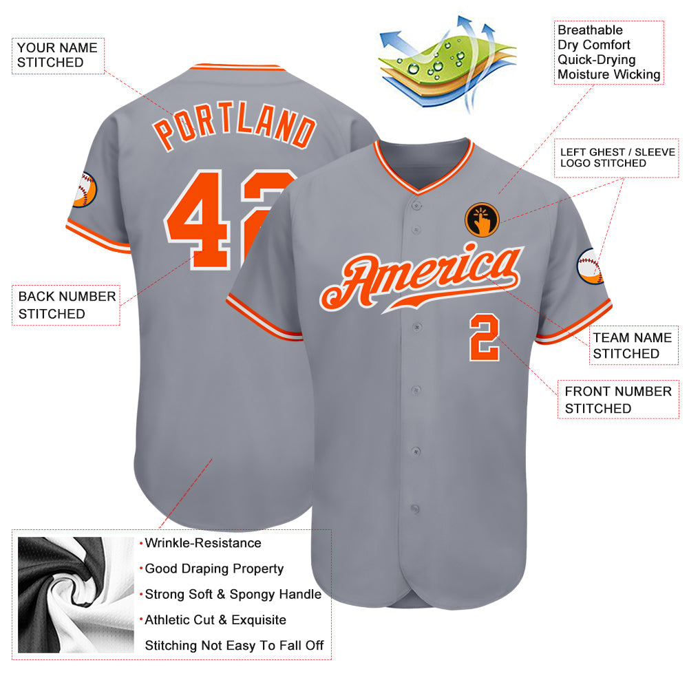 Custom Gray Orange-White Authentic Baseball Jersey view 3
