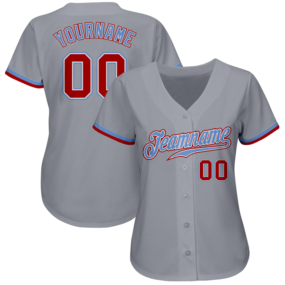 Custom Gray Red White-Light Blue Authentic Baseball Jersey view 2