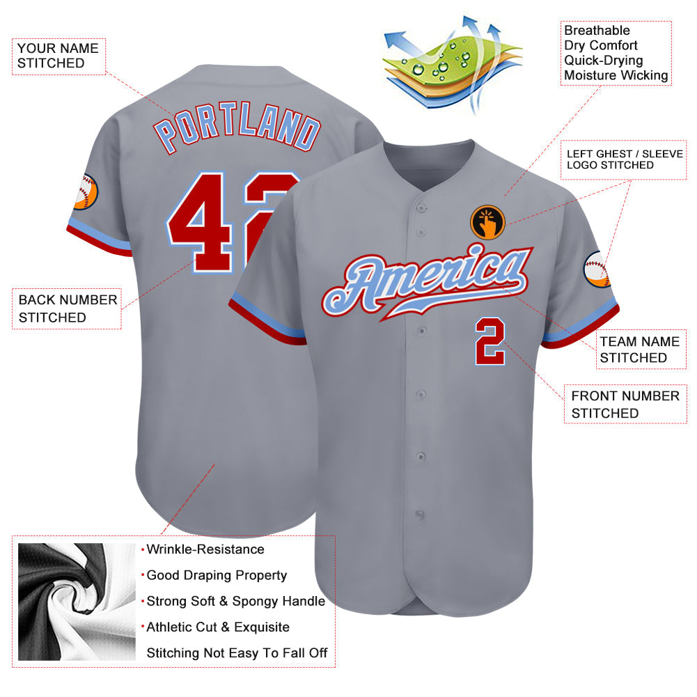 Custom Gray Red White-Light Blue Authentic Baseball Jersey view 3
