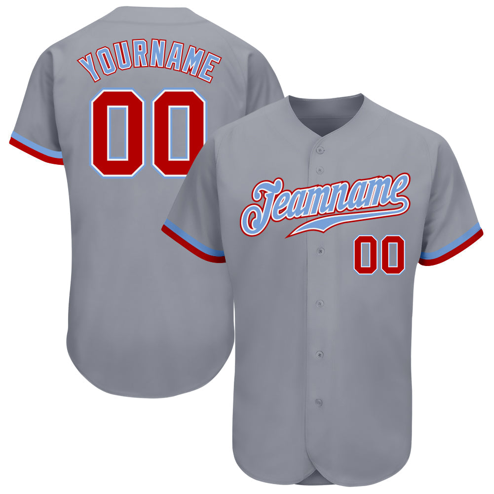 Custom Gray Red White-Light Blue Authentic Baseball Jersey - Main View