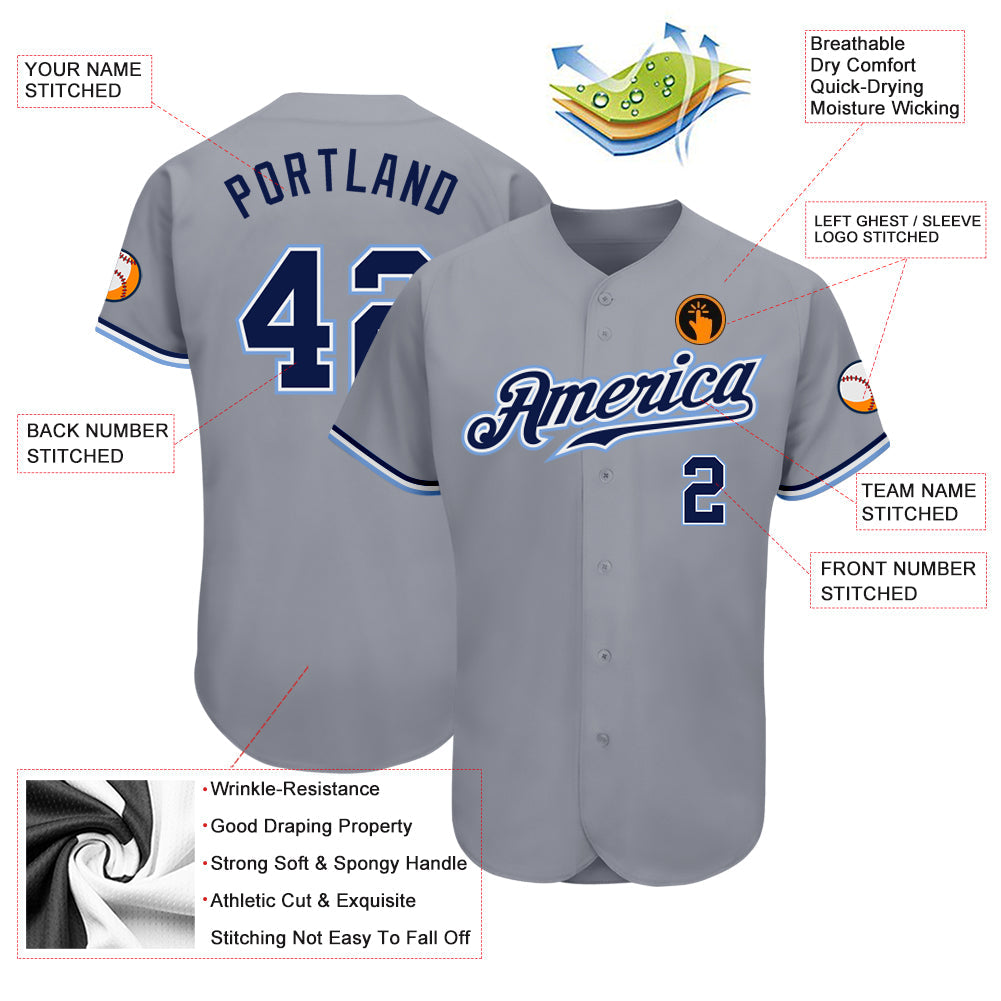 Custom Gray Navy White-Light Blue Authentic Baseball Jersey view 3