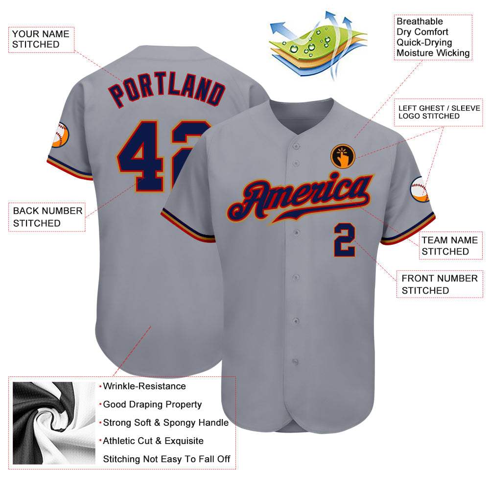 Custom Gray Navy Red-Old Gold Authentic Baseball Jersey view 3