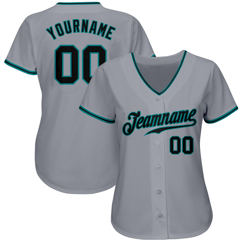 Custom Gray Black-Teal Authentic Baseball Jersey view 2