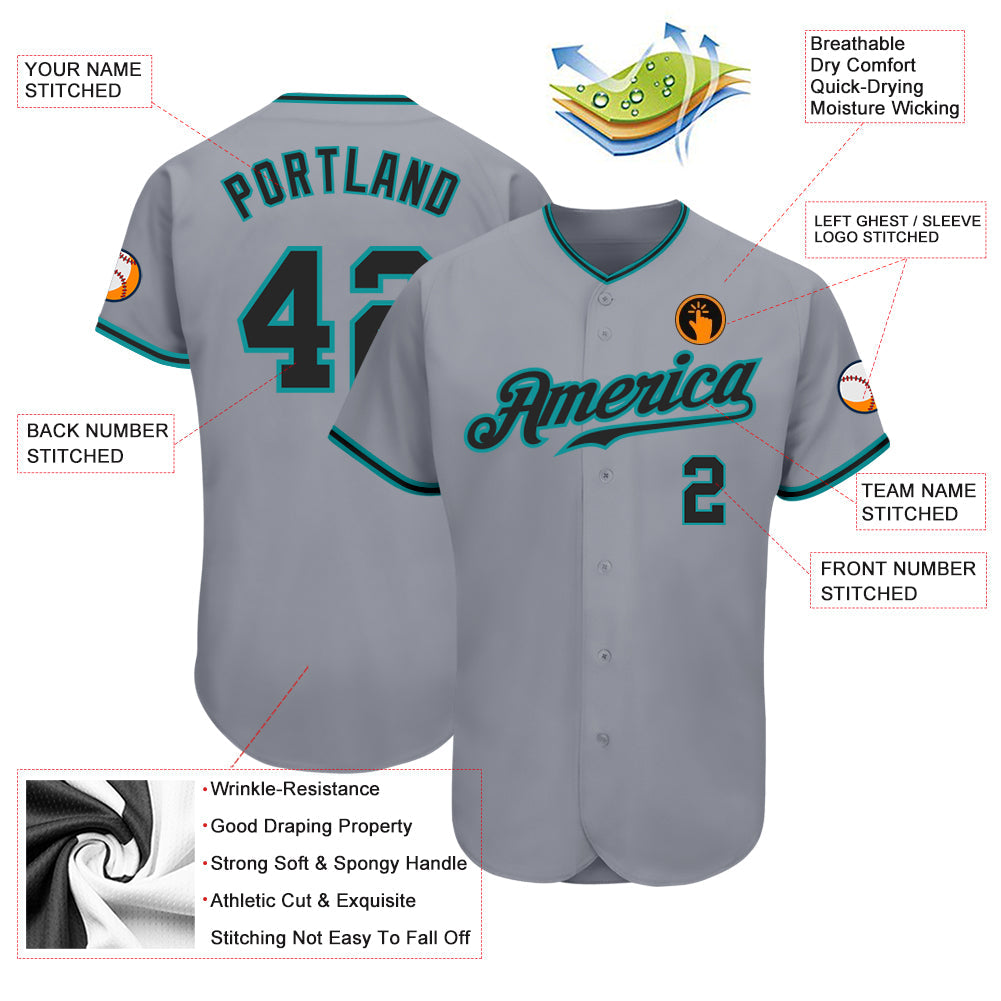Custom Gray Black-Teal Authentic Baseball Jersey view 3