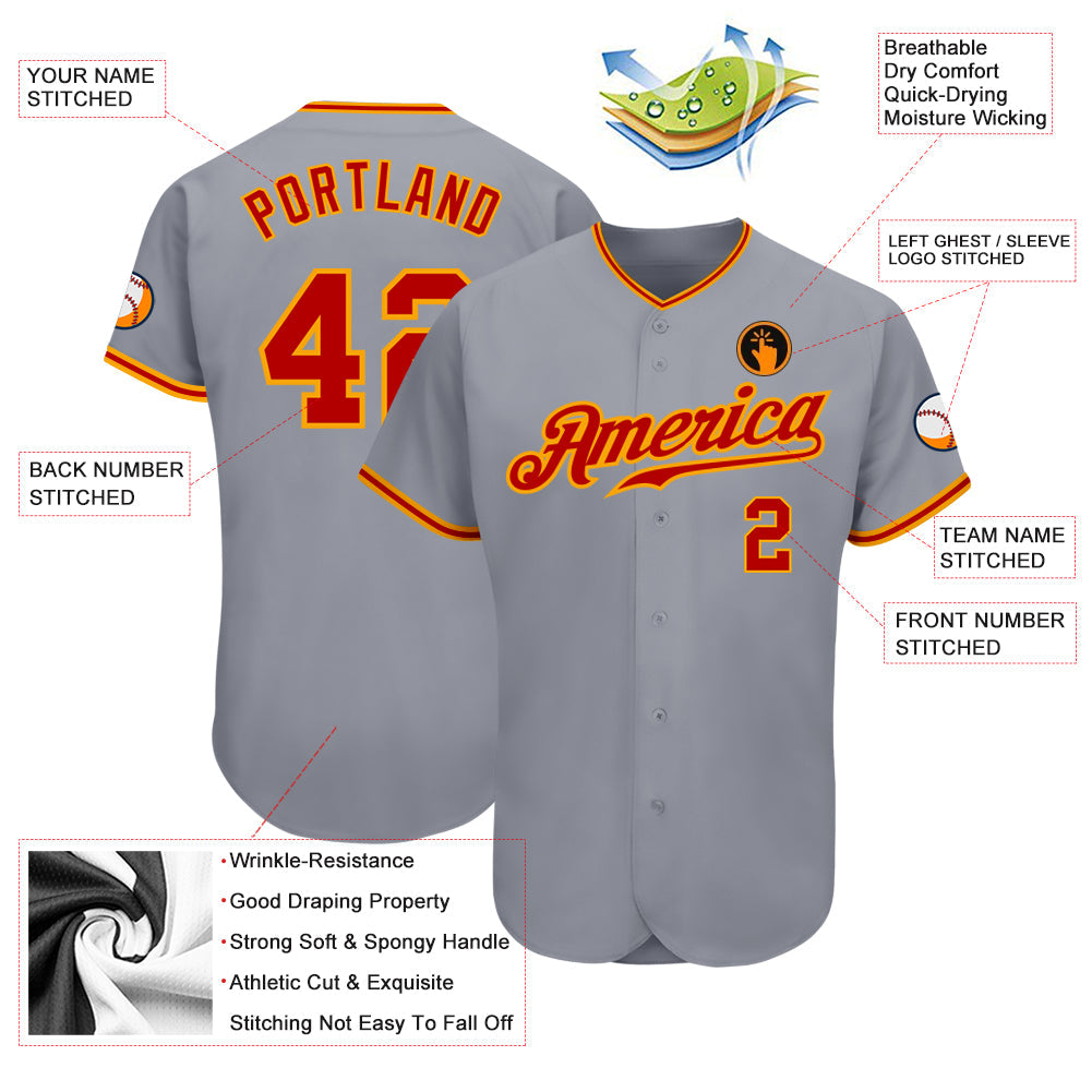Custom Gray Red-Gold Authentic Baseball Jersey view 3