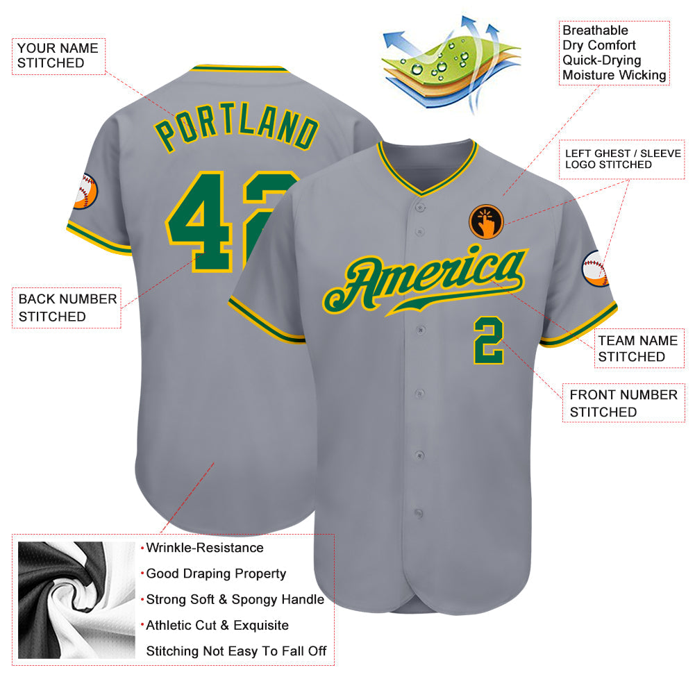 Custom Gray Kelly Green-Gold Authentic Baseball Jersey view 3