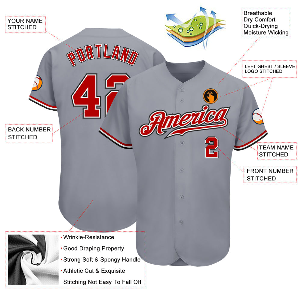 Custom Gray Red White-Black Authentic Baseball Jersey view 3