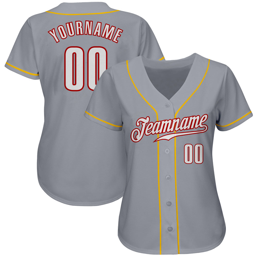 Custom Gray White Red-Gold Authentic Baseball Jersey view 2