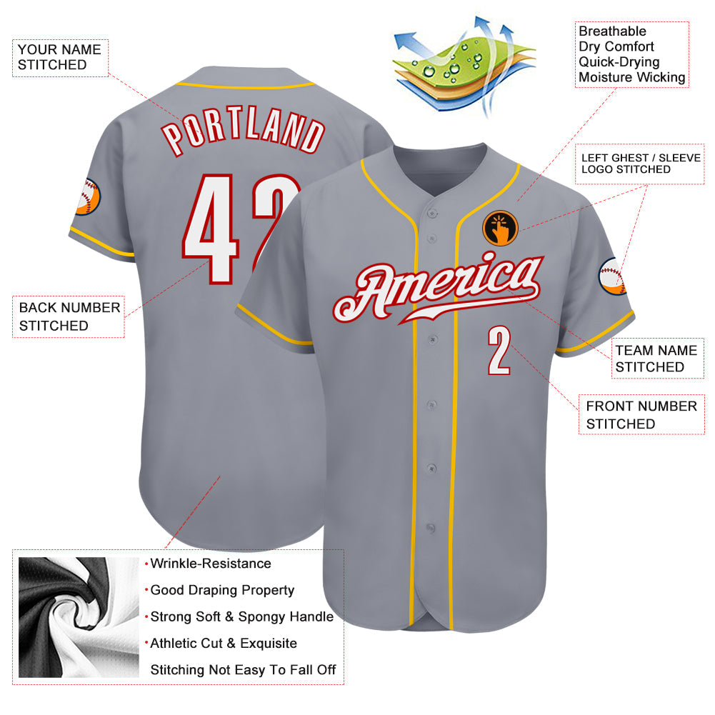 Custom Gray White Red-Gold Authentic Baseball Jersey view 3