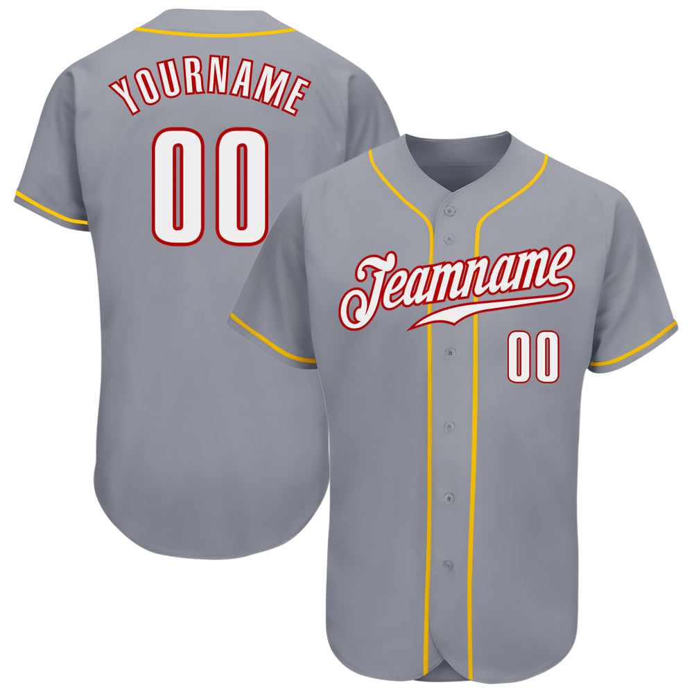 Custom Gray White Red-Gold Authentic Baseball Jersey - Main View