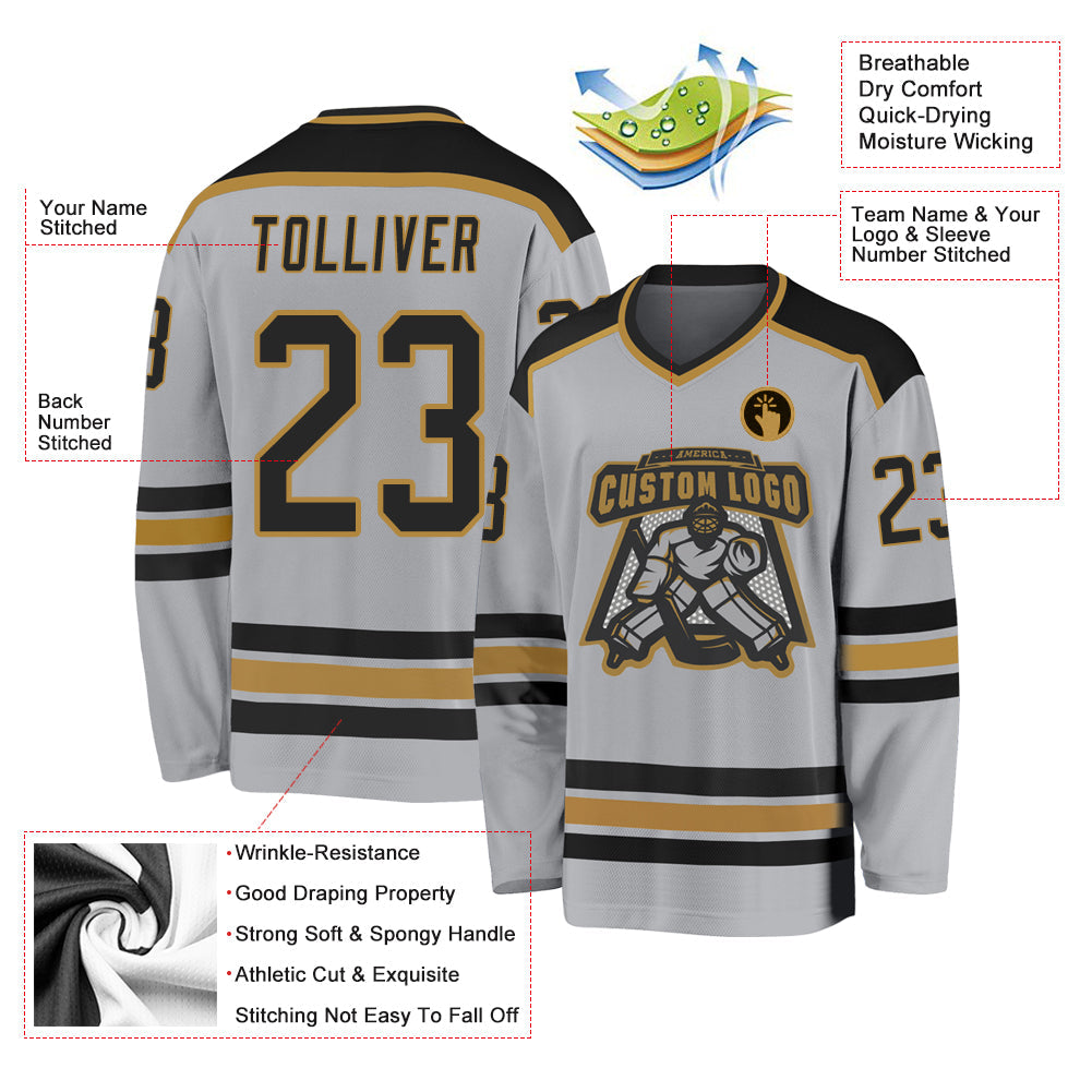 Custom Gray Black-Old Gold Hockey Jersey view 3