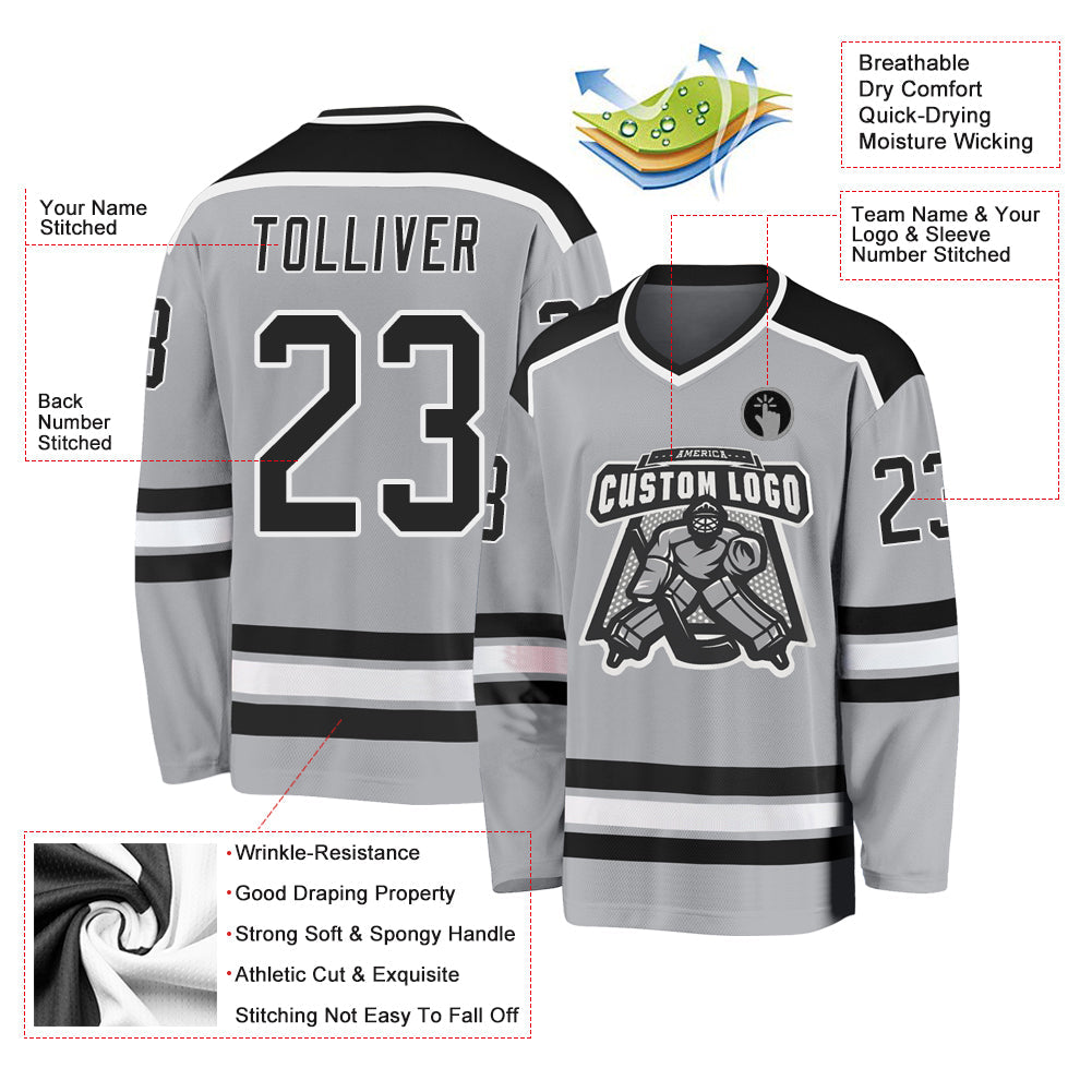 Custom Gray Black-White Hockey Jersey view 3