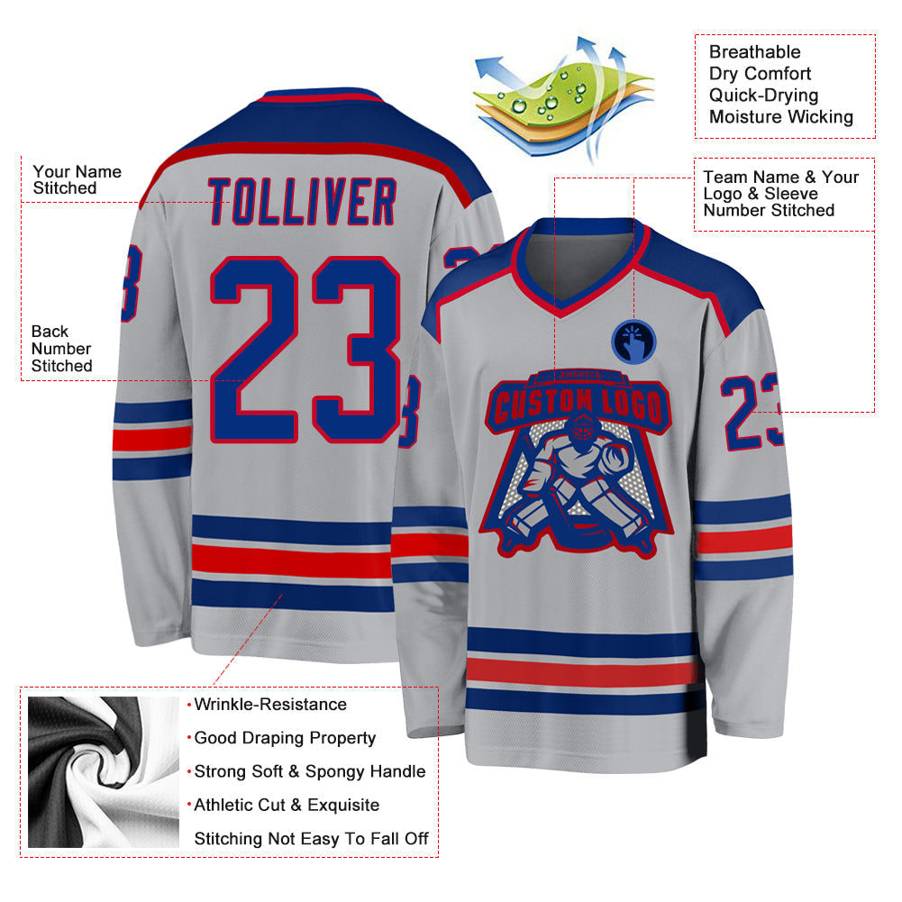 Custom Gray Royal-Red Hockey Jersey view 3