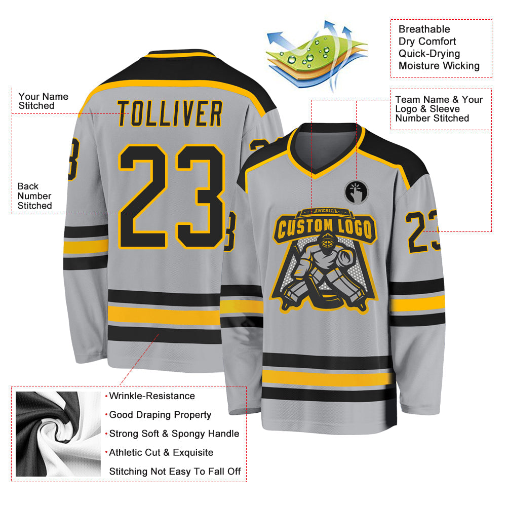 Custom Gray Black-Gold Hockey Jersey view 3