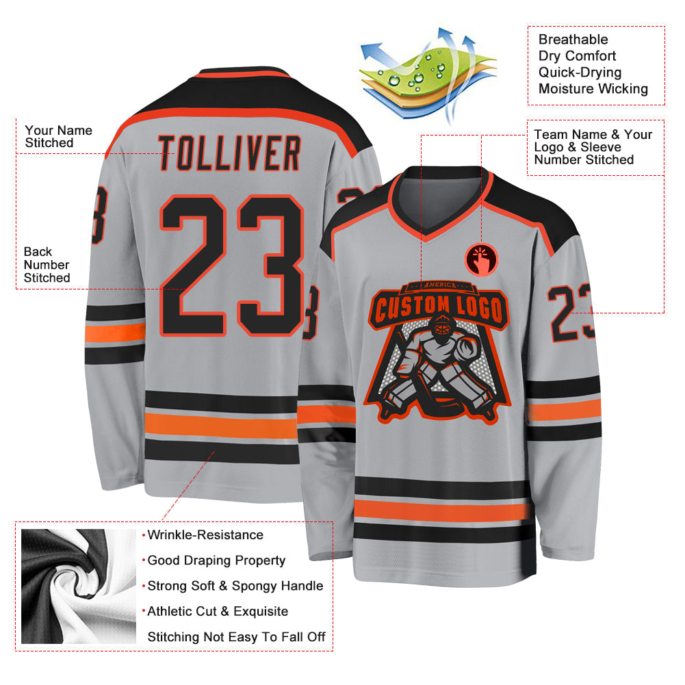 Custom Gray Black-Orange Hockey Jersey view 3