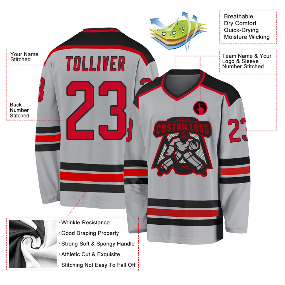 Custom Gray Red-Black Hockey Jersey view 3