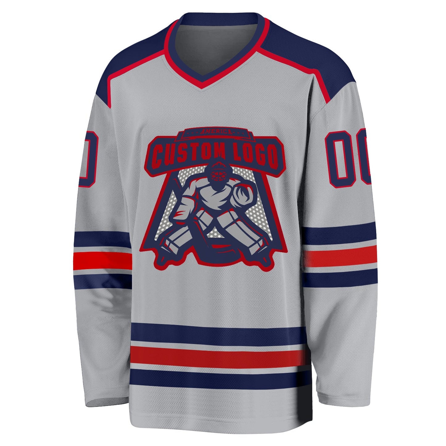 Custom Gray Navy-Red Hockey Jersey view 2