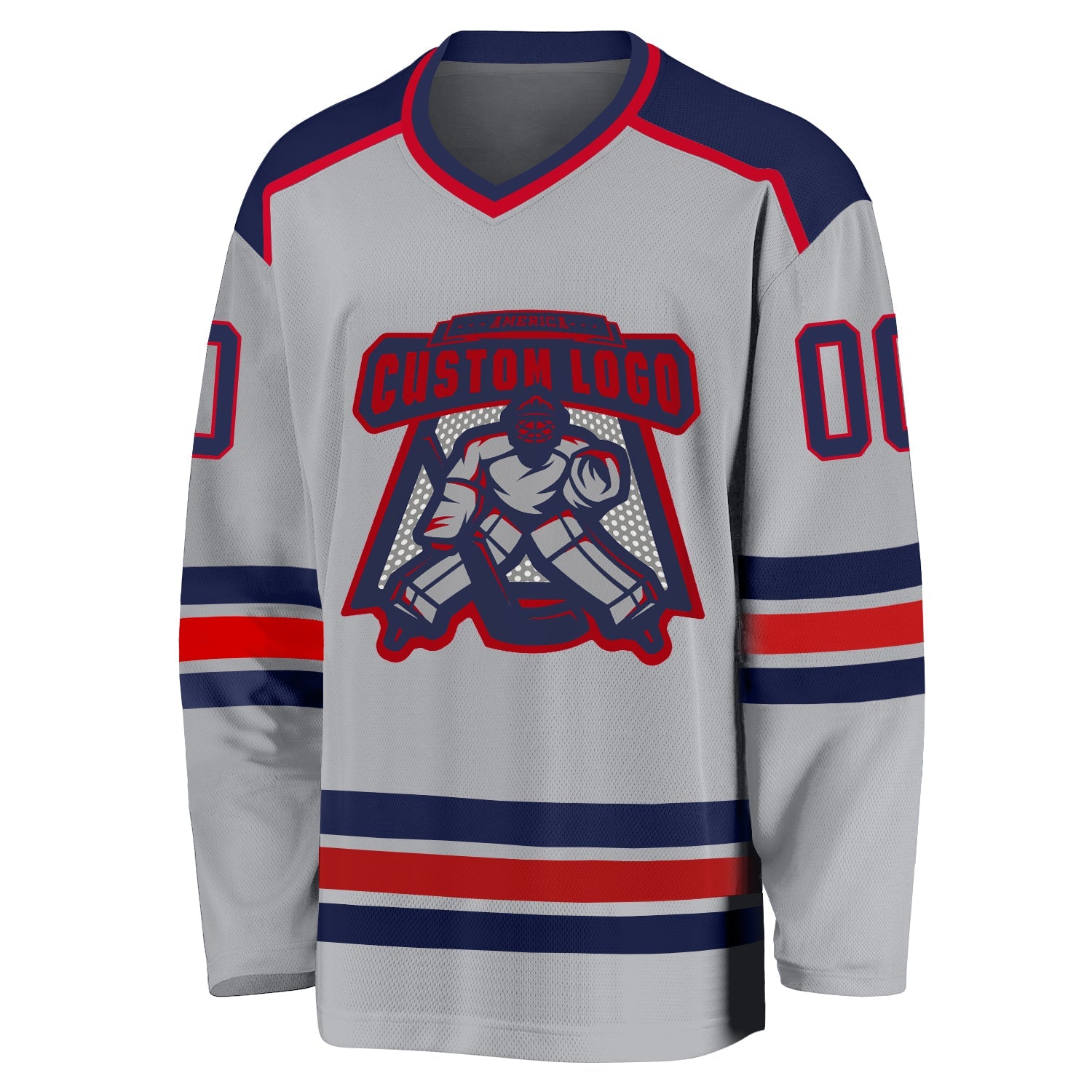 Custom Gray Navy-Red Hockey Jersey view 2