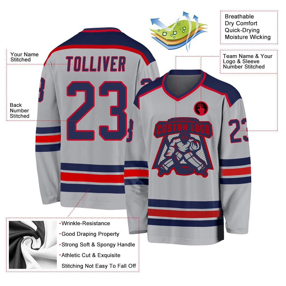 Custom Gray Navy-Red Hockey Jersey view 3